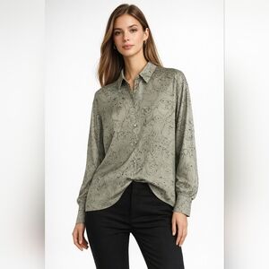 ZARA Oversized Dog Print Blouse – Sage Green Button Front Shirt